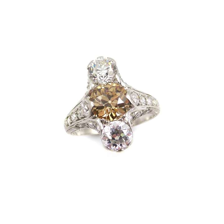Belle epoque three stone, coloured and white diamond ring